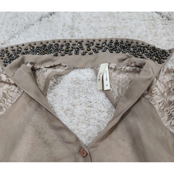 TRUTH NYC Top Womens Medium Brown Sheer Blouse 3/4 Sleeve Embroidered Open Back - Picture 5 of 14